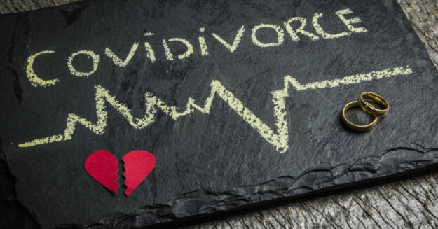 Covid Divorce Sign stating covidivorce (covid divorce) with a read broken hear and a pair of wedding rings