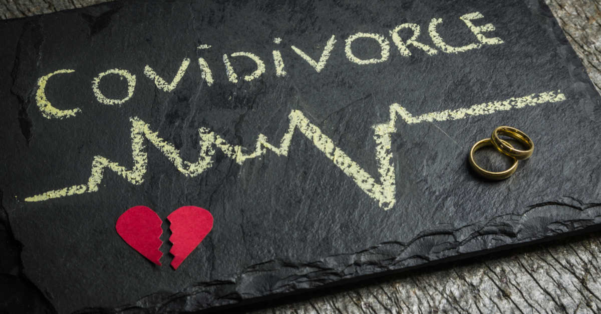 Sign stating covidivorce (covid divorce) with a read broken hear and a pair of wedding rings